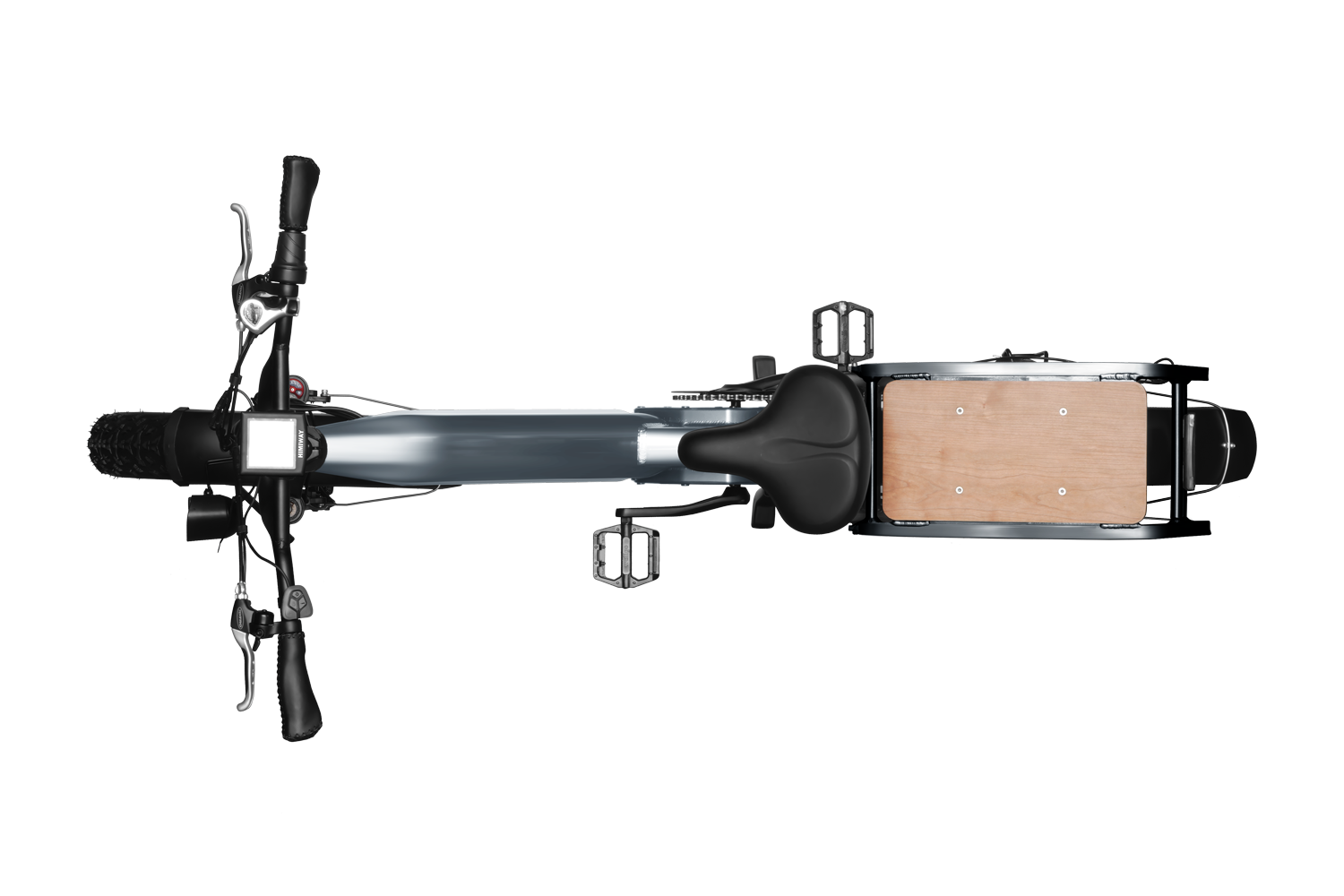 A powerful black and white photo of a Himiway Big Dog Grey motorcycle with a wooden seat, perfect for long-distance travel.