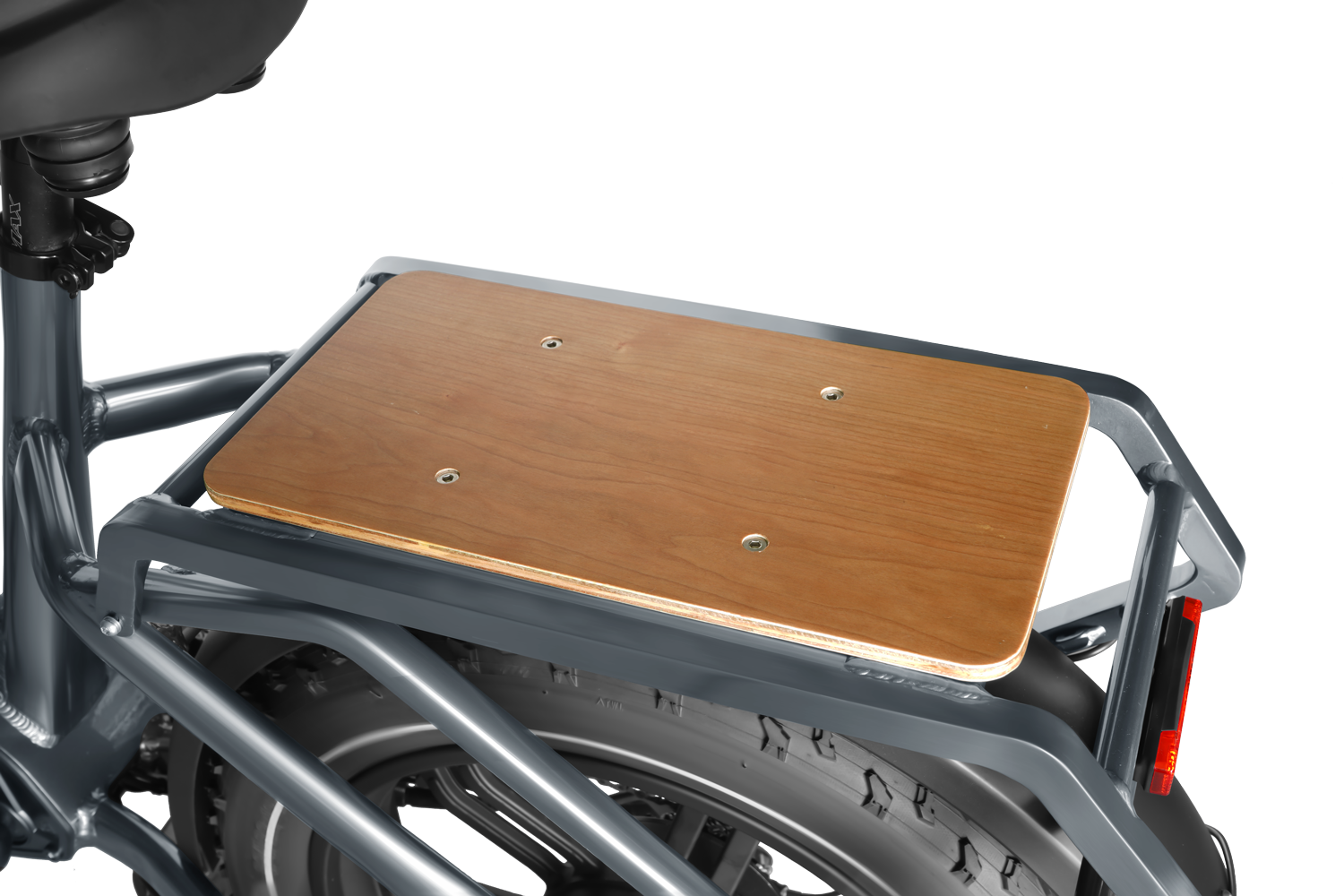 The Himiway Big Dog - Grey, designed for long-distance travel and equipped with a powerful 750W gear motor, is a bike with a wooden board on its back. SEO keywords: Himiway Big Dog.