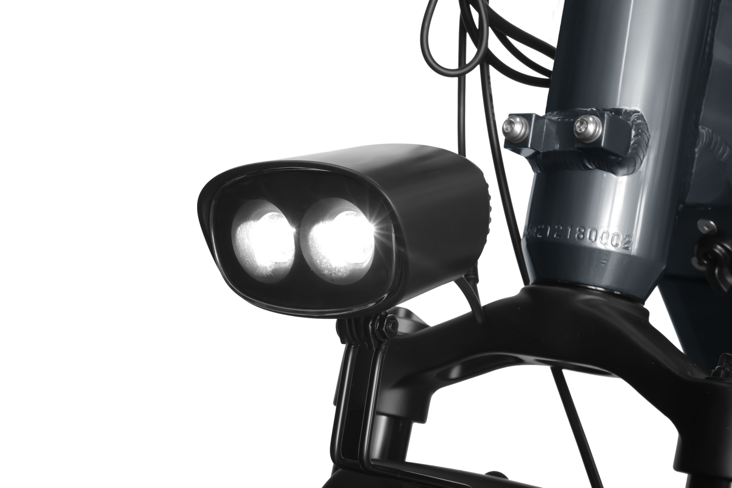 A close up of a Himiway Big Dog Grey bike with two lights on it for long-distance travel fitted with a powerful 750W gear motor.