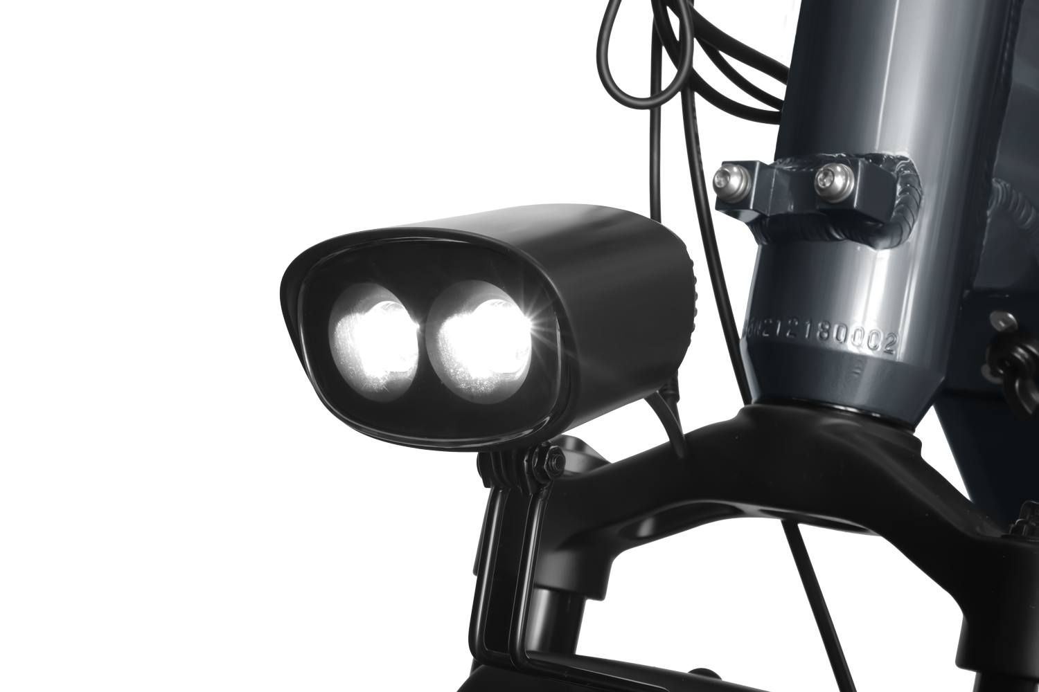 A close up of a Himiway Big Dog Grey bike with two lights on it for long-distance travel fitted with a powerful 750W gear motor.