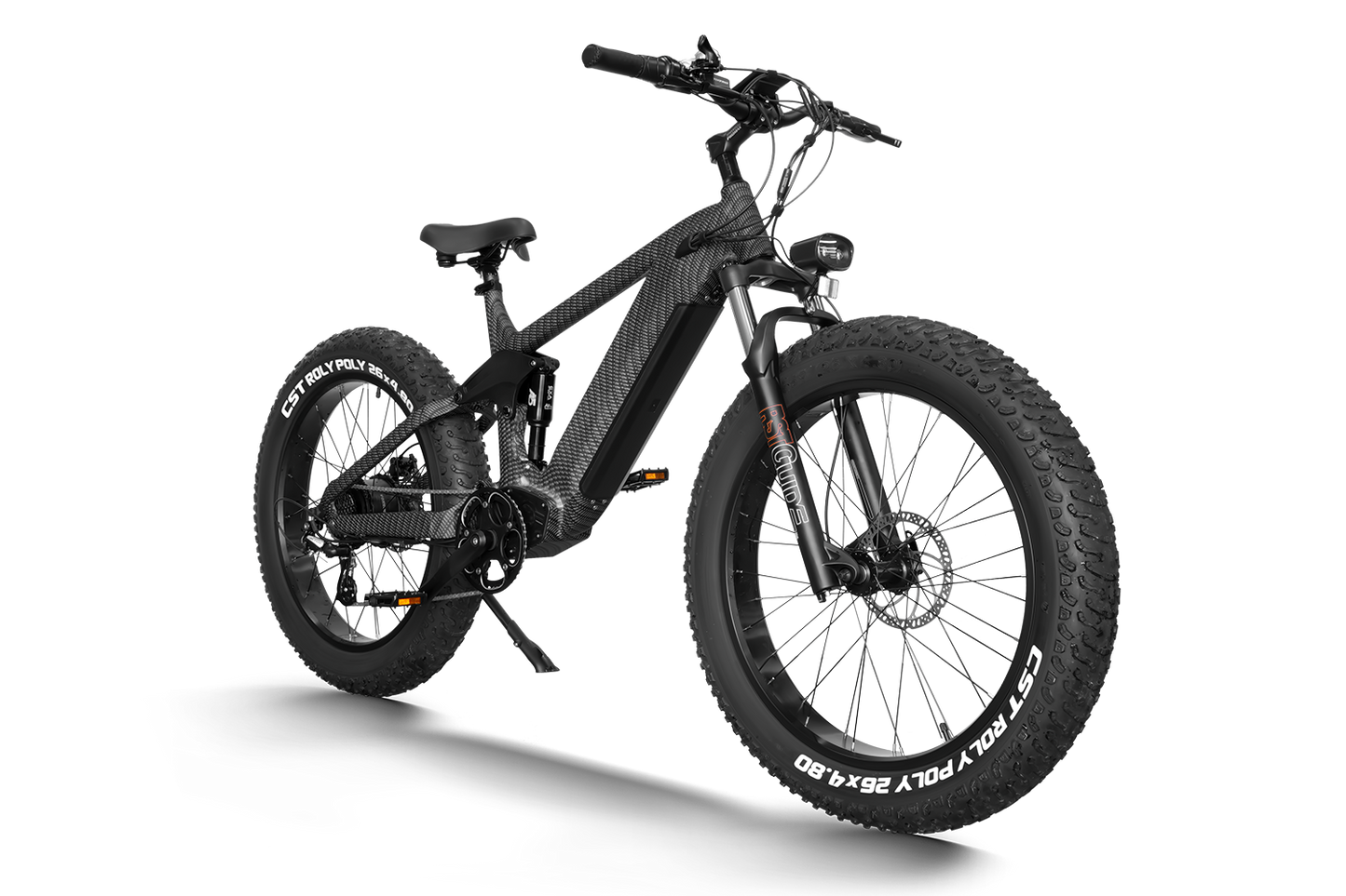 A powerful Himiway black mountain bike with a tire on it.