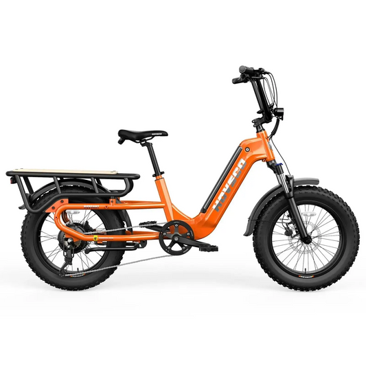 A multifunctional modular rack attaches to the Hovsco eBike, transforming it into an electric cargo bike with a cargo basket.