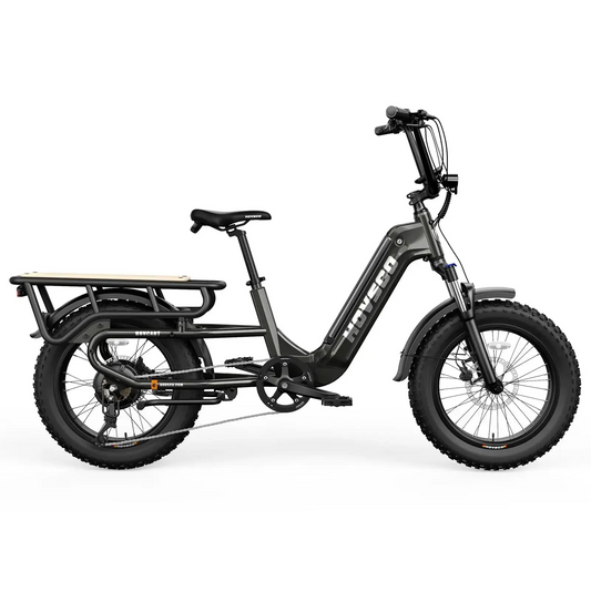 A black Hovsco electric bike with a large rear basket.