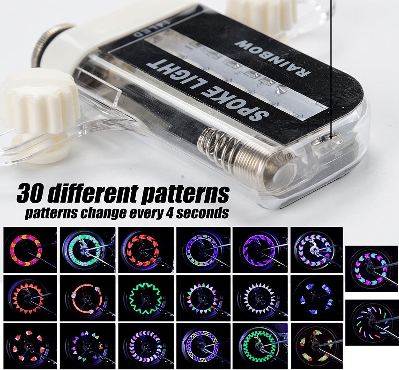 A transparent device from Tampa Bay eBikes, labeled "Lights - Graphic Wheel Set," displays 30 different patterns, ideal for night riding safety. Patterns change every 4 seconds, ensuring visibility with colorful examples underneath. Perfect as LED bike wheel lights, enhancing both style and security for your evening rides.