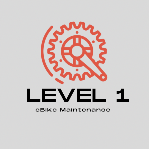 A bike gear and wrench icon with "eBike Maintenance: Level 1" text, set against a gray background by Service - Tampa Bay eBikes.