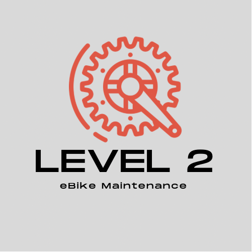 A red illustration of a bicycle gear and wrench symbolizes mechanical work above "eBike Maintenance: Level 2" text on a gray background. Brand: Service - Tampa Bay eBikes.