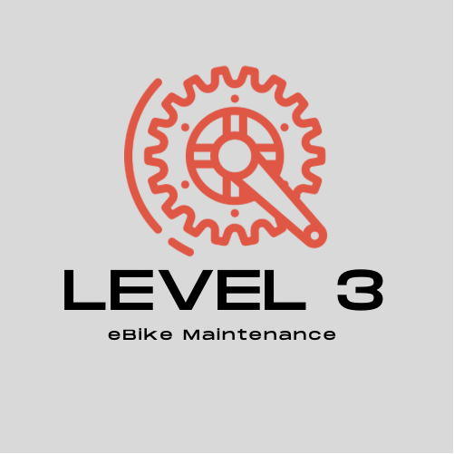 A red bike gear illustration, paired with a wrench on a gray background, features the text "Service - Tampa Bay eBikes: eBike Maintenance: Level 3.