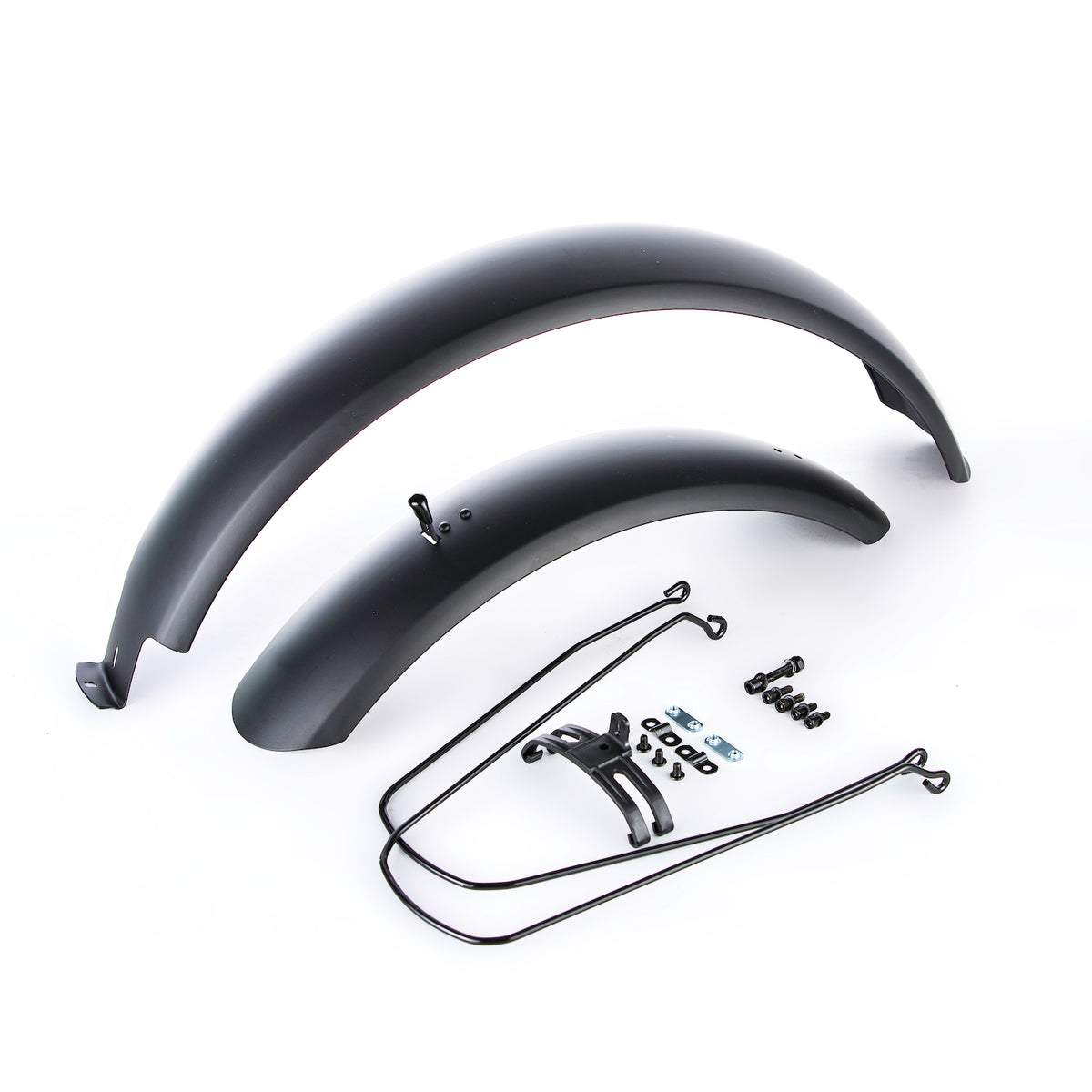 The Aventon Fender Set for Sinch and Sinch ST ebikes includes two black all-metal fenders with mounting hardware and support rods, shown arranged on a white background.