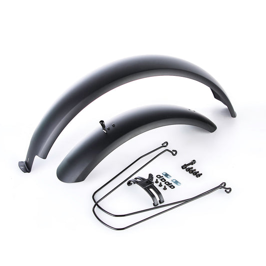 The Aventon Fender Set for Sinch and Sinch ST ebikes includes two black all-metal fenders with mounting hardware and support rods, shown arranged on a white background.