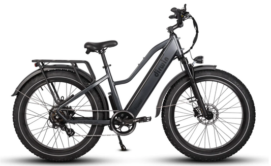Dirwin - Pioneer Step Through- Grey electric bicycle with fat tires, a hydraulic suspension fork.