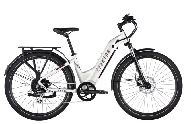 An Aventon - LEVEL.2 Step Through - Polar White - L electric bike on a white background.