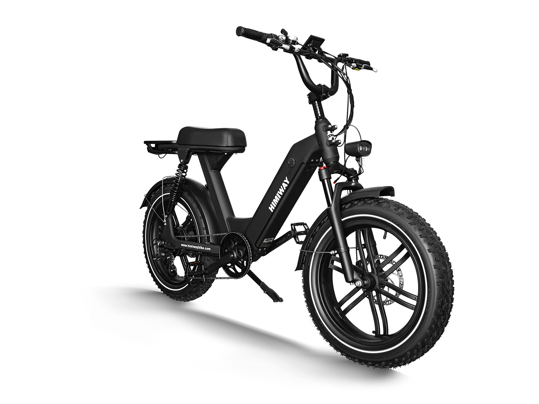 The Himiway - Escape Pro eBike features a robust 750W motor, thick tires, and a durable frame with a central battery. A padded seat and handlebars with controls offer comfort while maintaining a sleek design for smooth cruising.