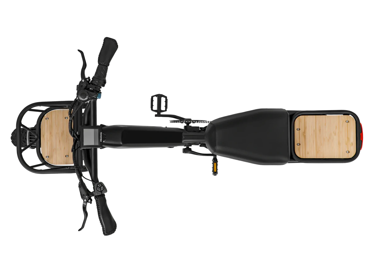 Top view of a sleek black Himiway - Escape Pro eBike with wooden panels on the cargo area and handlebar grips, featuring a powerful 750W motor.