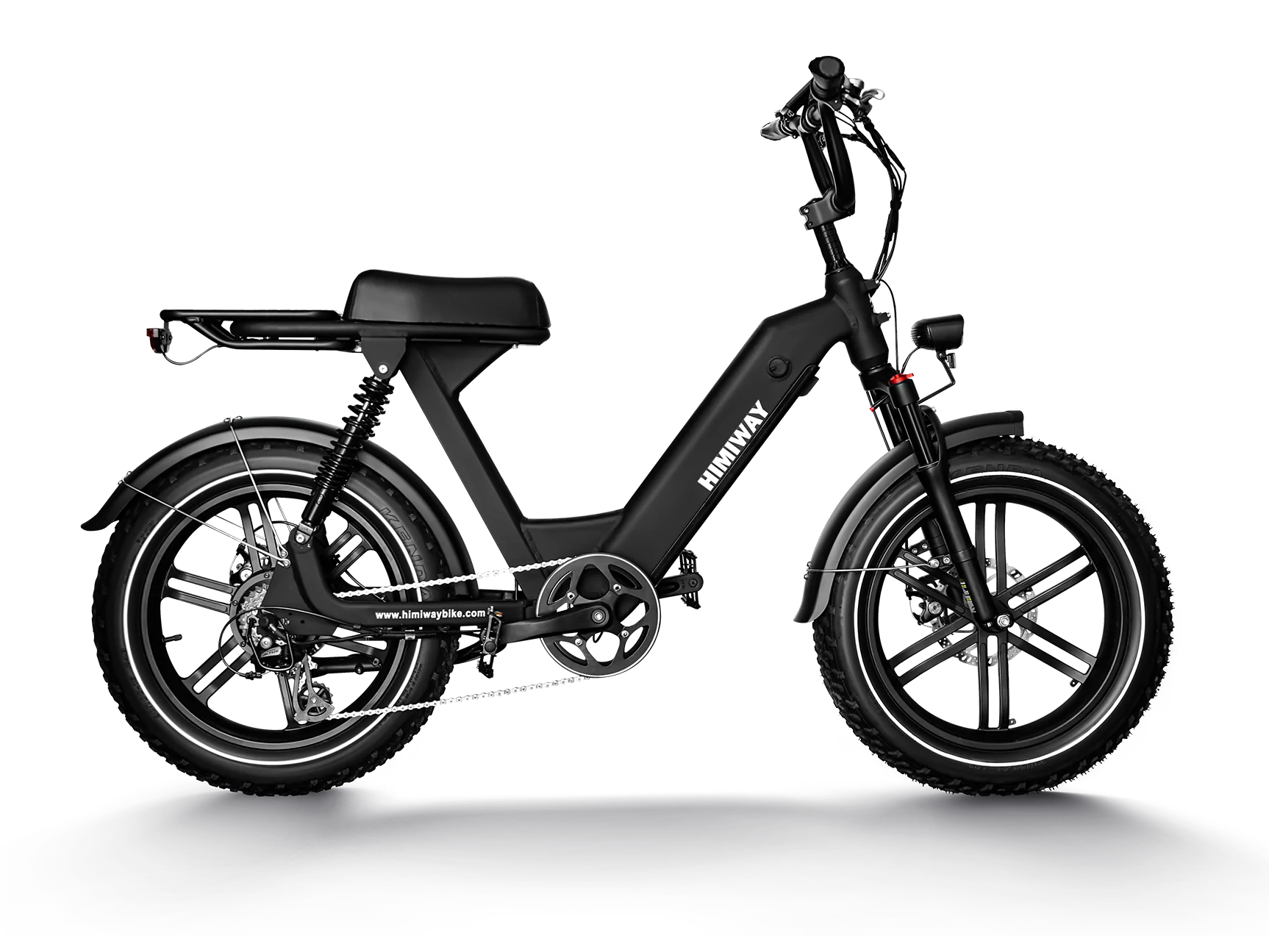 The Himiway Escape Pro eBike, by Himiway, boasts a sleek black design with thick tires, a rear rack, and an integrated rectangular battery. Its 750W motor offers an exhilarating ride against a solid black backdrop.