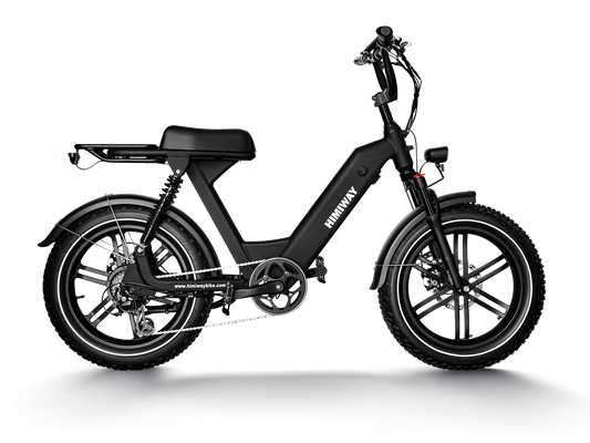 The Himiway Escape Pro eBike, by Himiway, boasts a sleek black design with thick tires, a rear rack, and an integrated rectangular battery. Its 750W motor offers an exhilarating ride against a solid black backdrop.