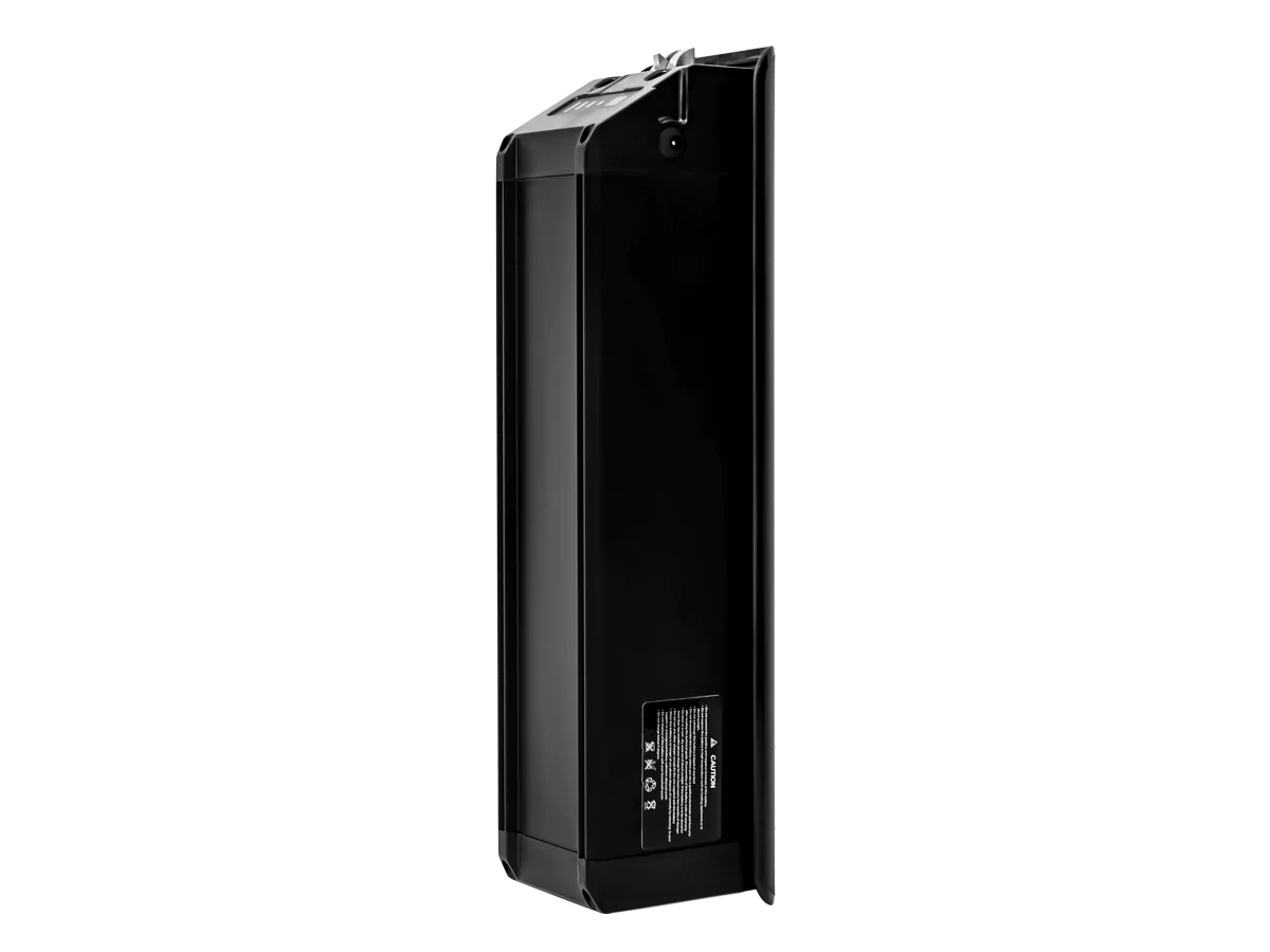 Side view of a sleek, black, rectangular electric battery pack for the Himiway - Escape Pro eBike, labeled with technical details and compatible with its 750W motor.