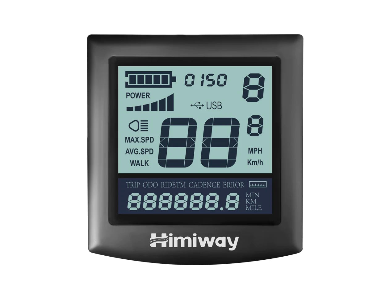 The Himiway - Escape Pro eBike features a digital display showing power, speed in MPH/Km/h, trip, odometer, cadence, and error alerts. Paired with a 750W motor for an efficient and thrilling ride, the display proudly presents the Himiway brand name at its bottom.