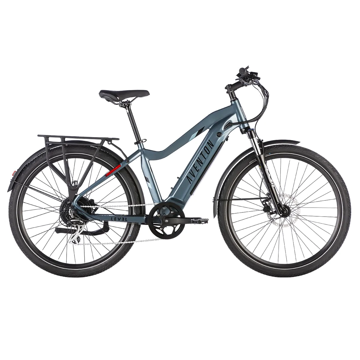 An Aventon - LEVEL.2 - Glacier - R commuter ebike with front suspension fork is shown against a white background.