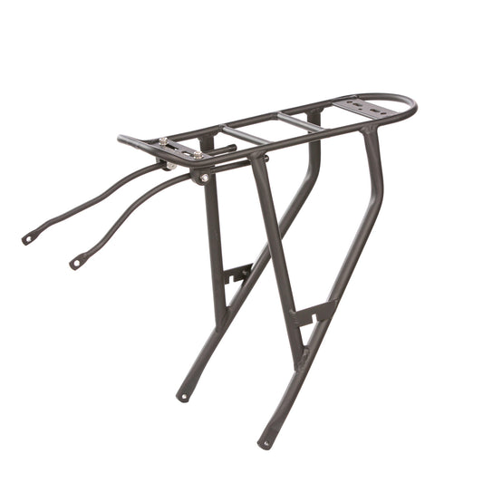 The Aventon Rear Rack for Pace 350.2 & 500.2 ebikes is a black metal rack with mounting arms, designed to attach to the back of your bike and carry bags or other items.