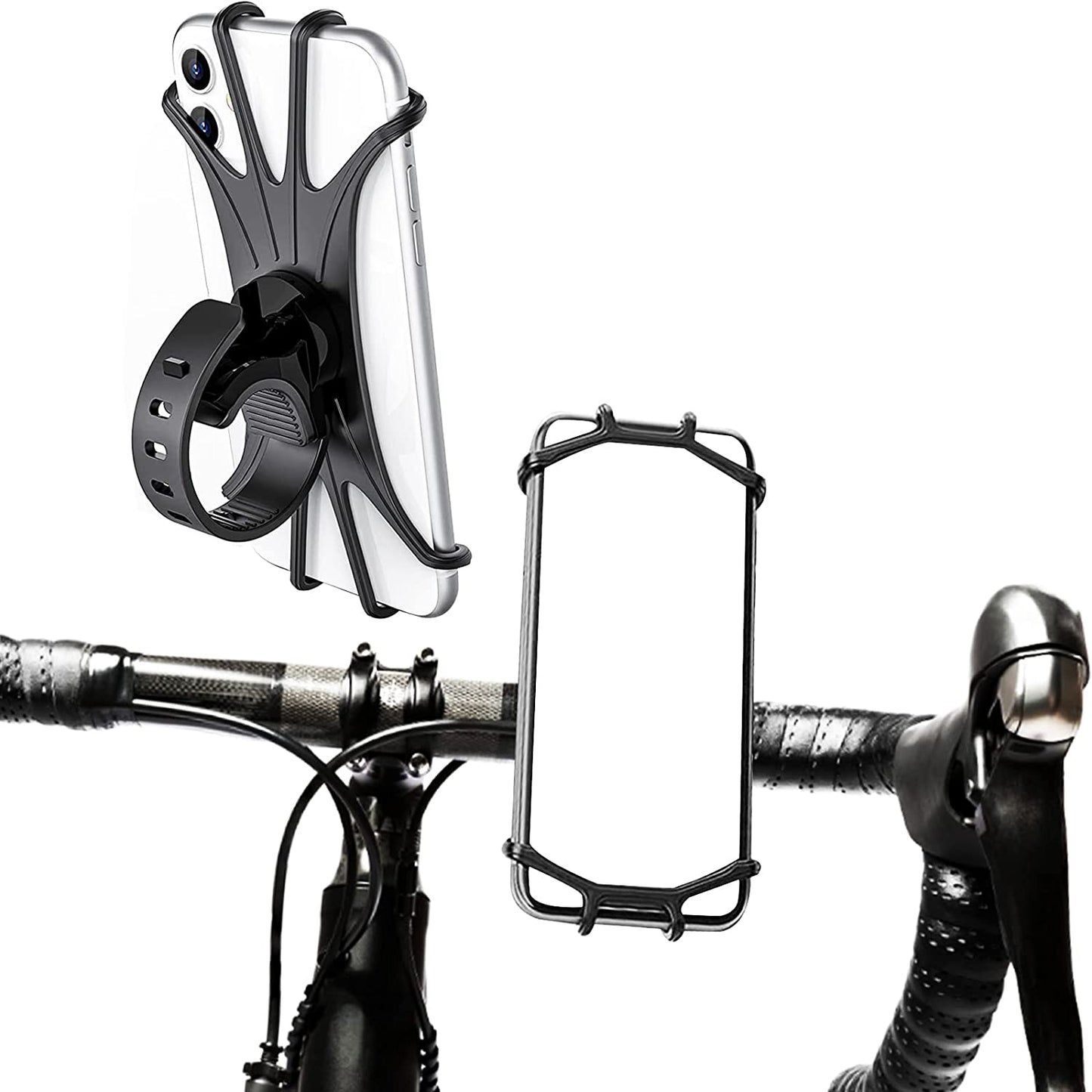 The Tampa Bay eBikes Cell Phone Holder - Stretch features an adjustable silicone strap that securely attaches to bicycle handlebars, offering seamless compatibility with any smartphone.
