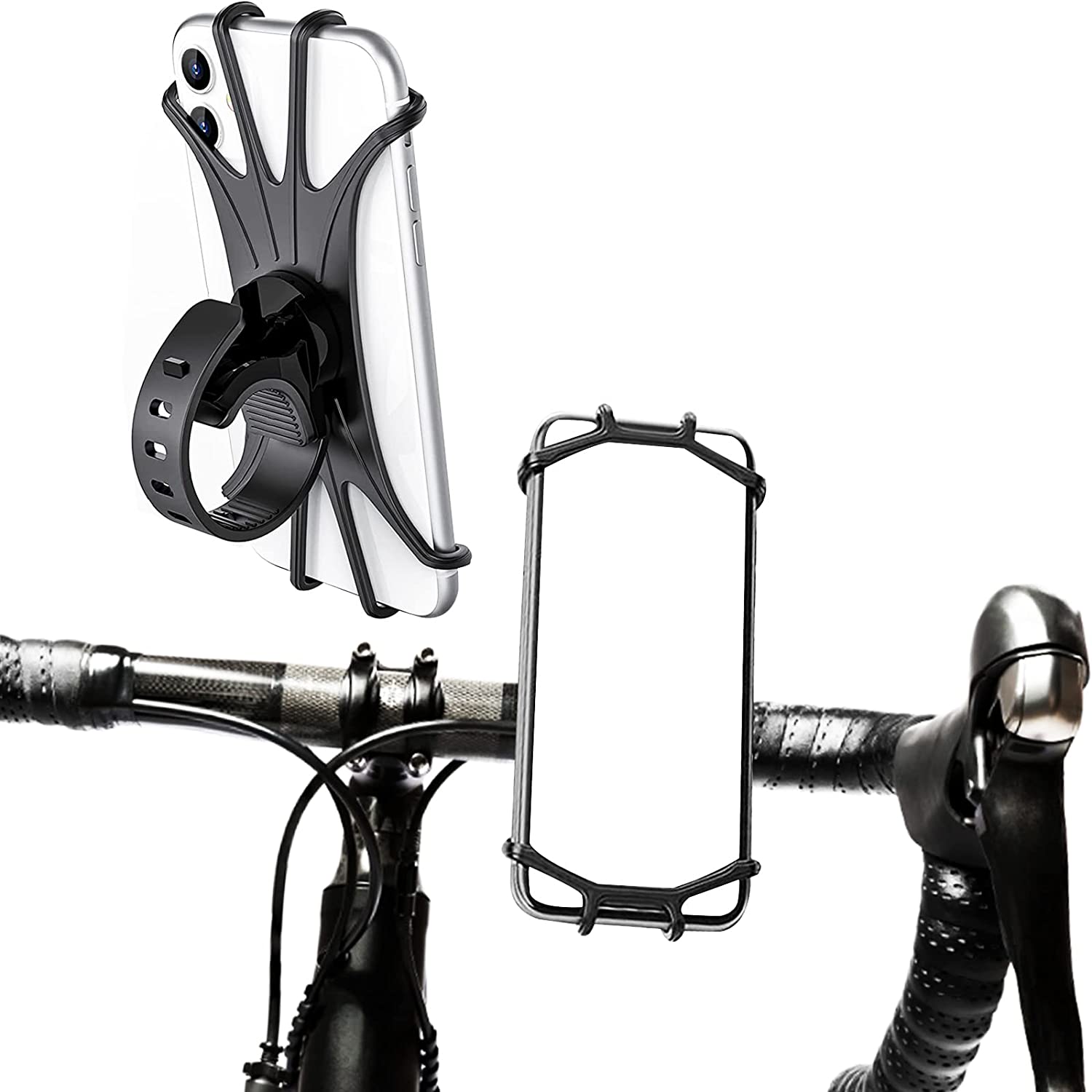 The Tampa Bay eBikes Cell Phone Holder - Stretch features an adjustable silicone strap that securely attaches to bicycle handlebars, offering seamless compatibility with any smartphone.