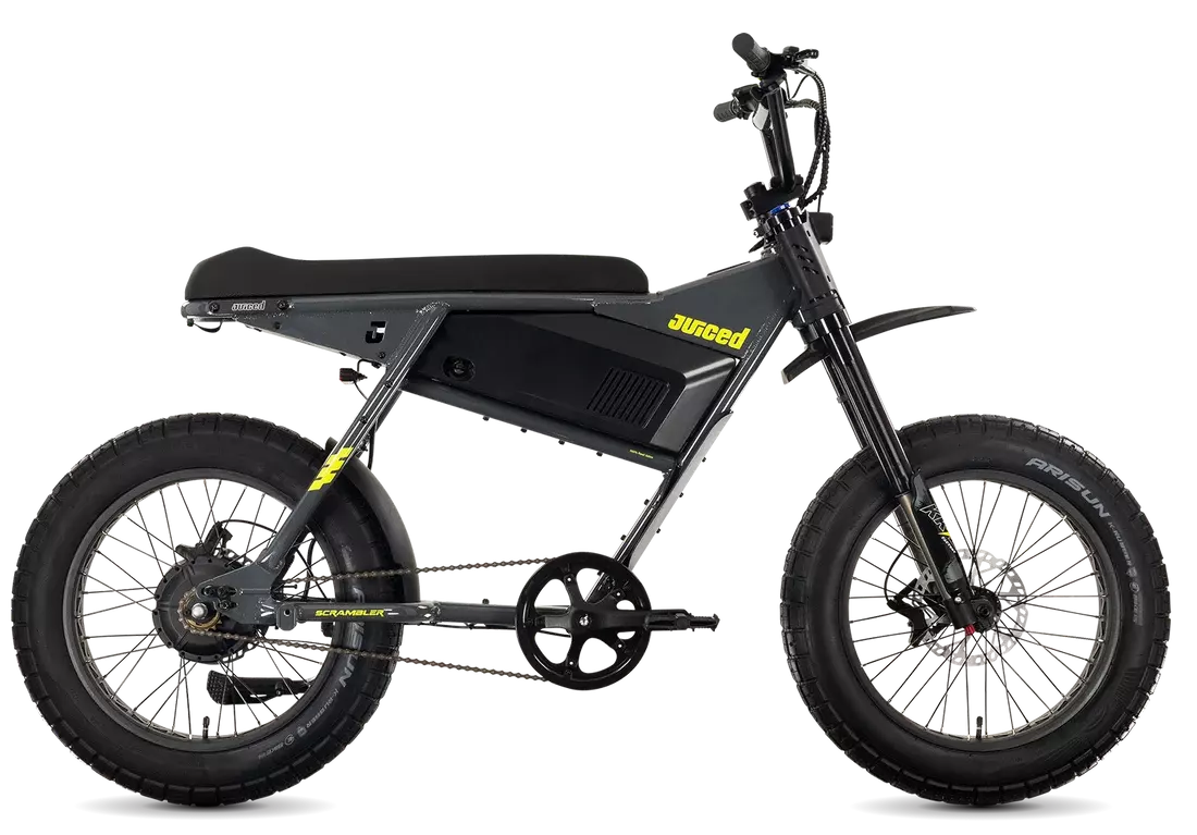 Juiced Scrambler Hardtail in Asphalt Lemonade, full side view with single battery and rigid rear frame