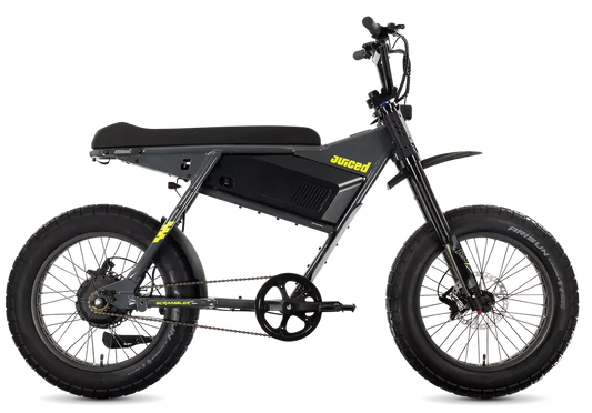 Juiced Scrambler Hardtail in Asphalt Lemonade, full side view with single battery and rigid rear frame