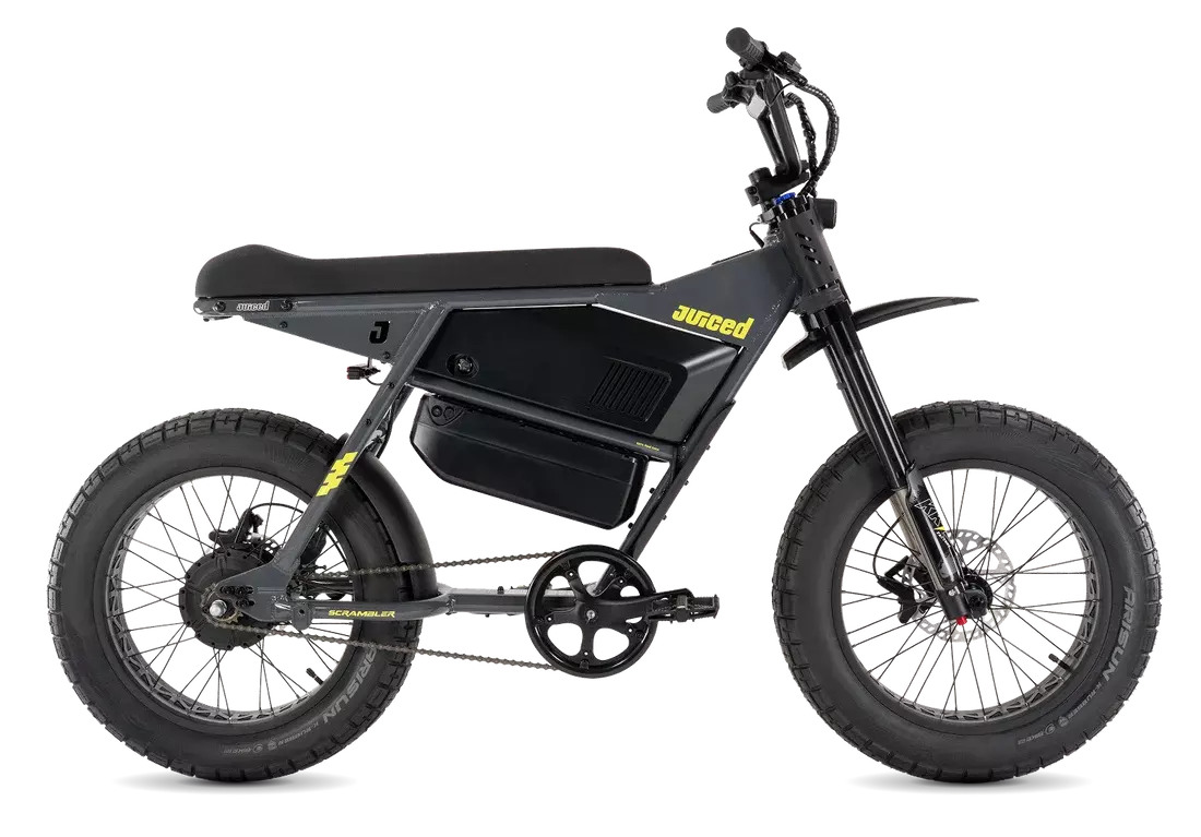 Juiced Scrambler Dual-Battery Hardtail in Asphalt Lemonade, drive-side view with both batteries