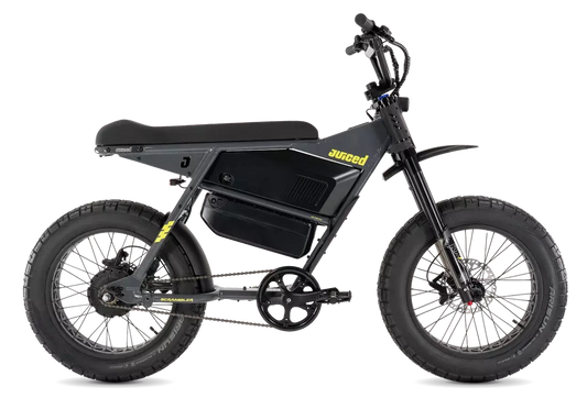 Juiced Scrambler Dual-Battery Hardtail in Asphalt Lemonade, drive-side view with both batteries