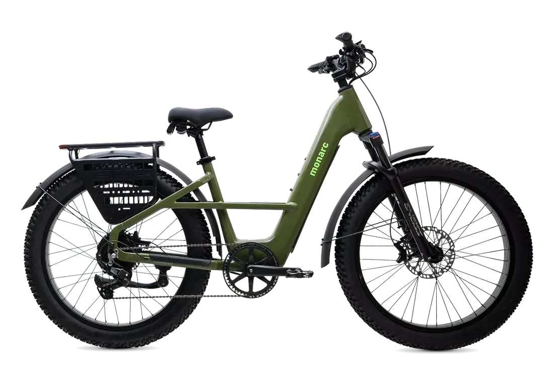 Monarc Marker Step-Thru in Greenway, side view with 26 x 4-inch tires