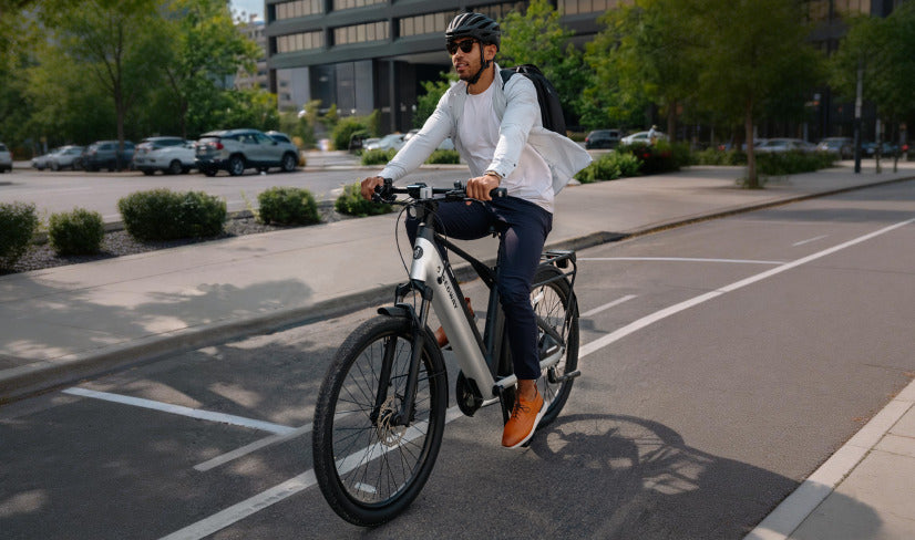 Person riding an Segway Myon eBike in downtown Tampa