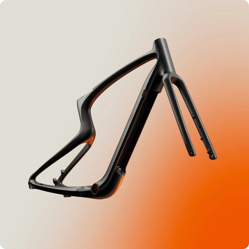 A matte black Urtopia - Carbon Classic eBike frame with integrated fork, showcased against a gradient light gray to orange background.