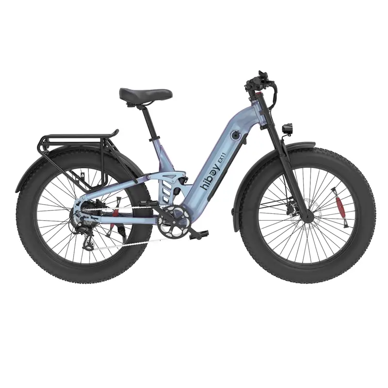 Side view of a silver Hiboy EX11 electric bike by Hiboy, featuring a 750W motor, fat tires, rear cargo rack, front suspension, and integrated battery in the frame.