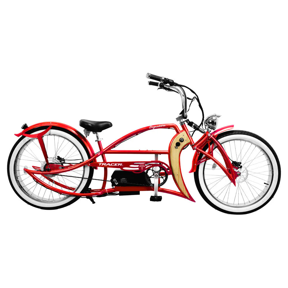 The Tracer Signature Pro 26'' Chopper Cruiser EBike by Tracer is a red and white cruiser-style electric bike with a low frame, featuring an 800W motor for a truly comfortable ride.