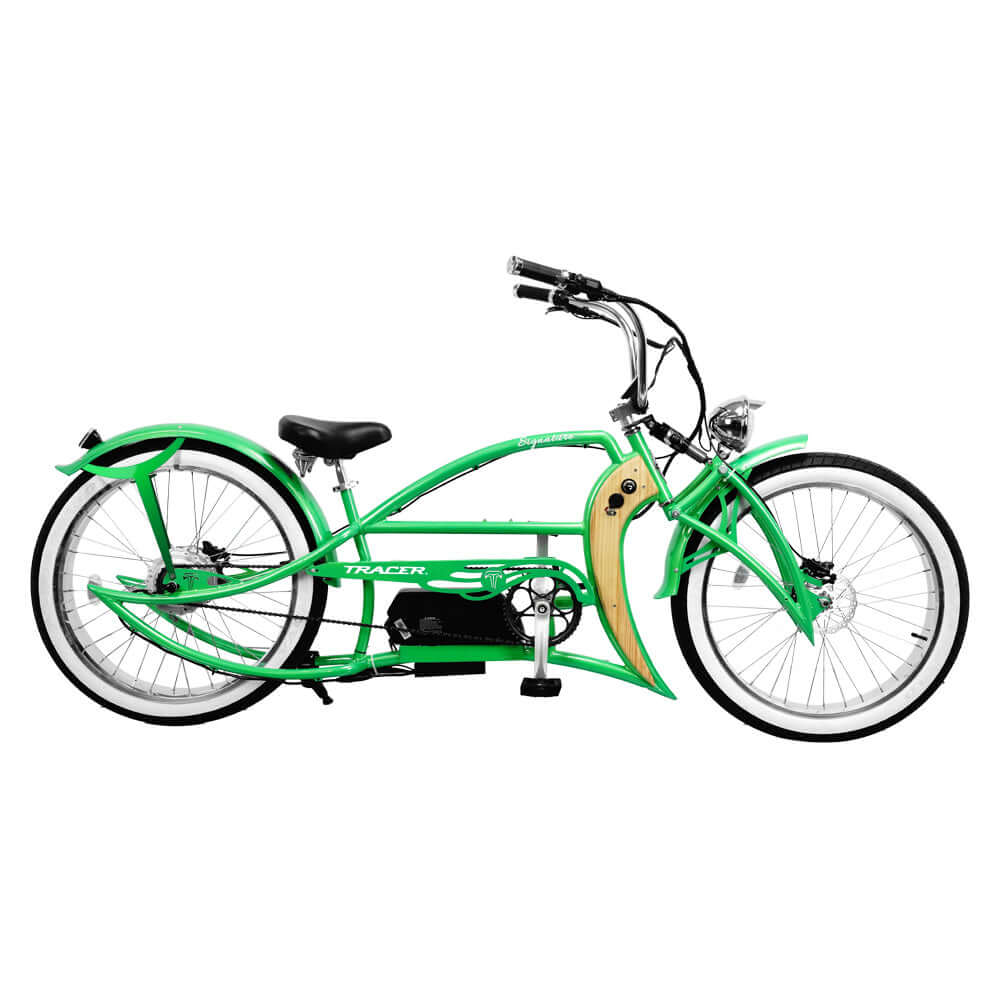 The Tracer Signature Pro 26'' 800W Chopper Cruiser E-Bike by Tracer is a green electric cruiser bike with a unique curved frame and wide handlebars, featuring a wooden accent on the front, powered by an 800W motor.