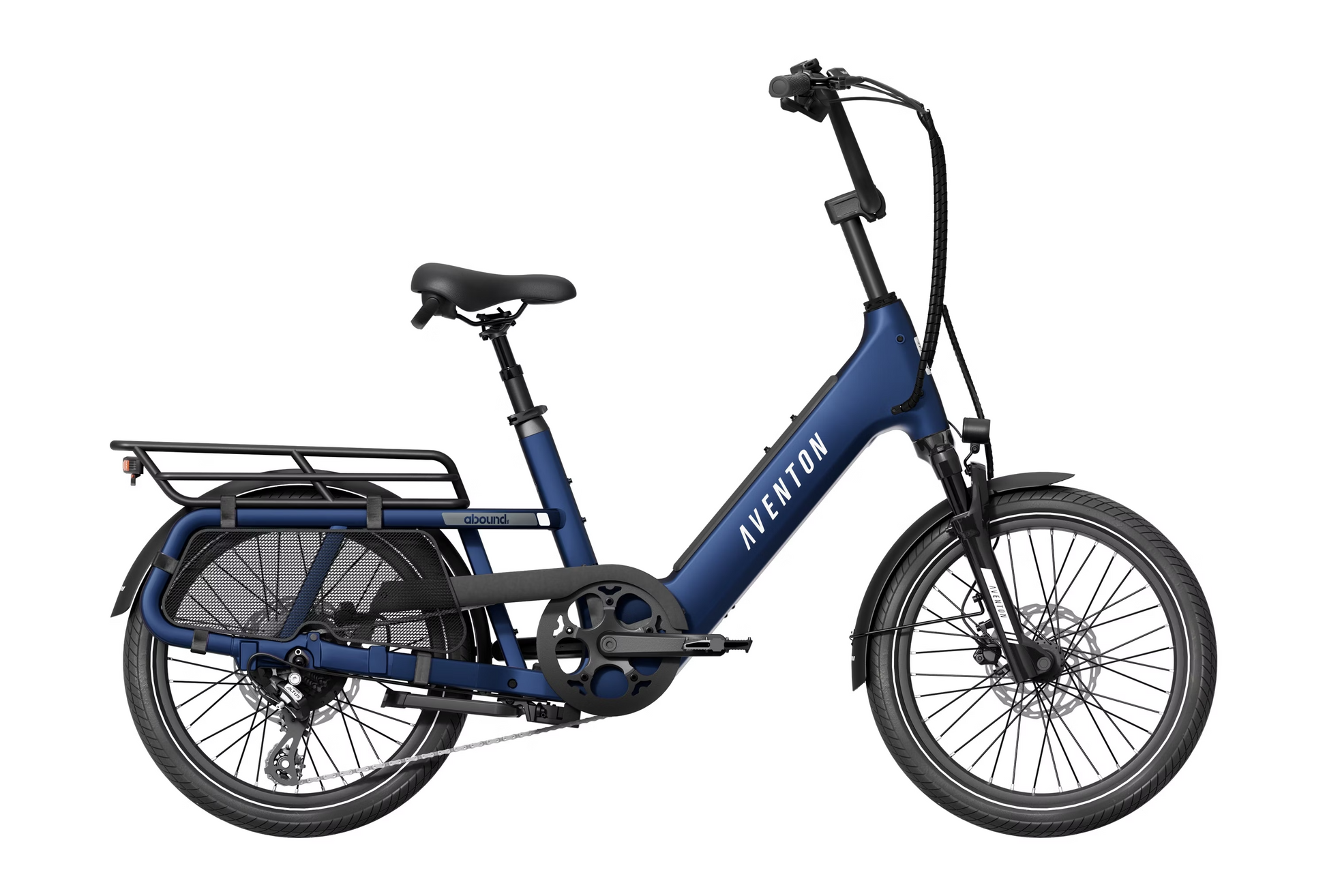 The Aventon - Abound SR, a blue cargo ebike, includes a step-through frame, GPS tracking for enhanced security, a rear cargo rack, and both front and rear wheels equipped with fenders.