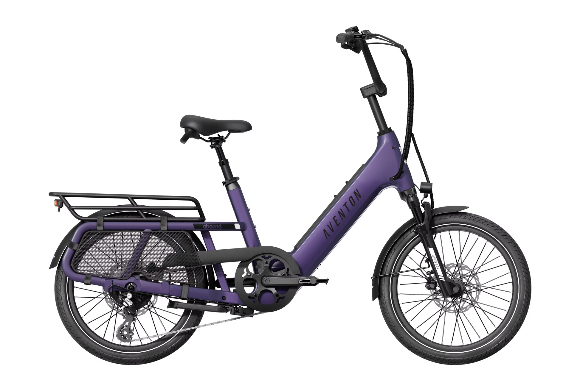 The Aventon - Abound SR cargo ebike features a step-through frame, integrated rear rack, front suspension fork, and advanced security with GPS tracking for peace of mind in a sleek purple design.