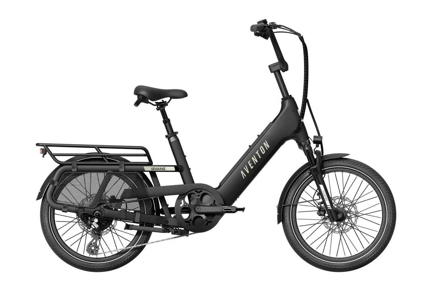 The Aventon - Abound SR cargo ebike is a stylish black model featuring a step-through frame, rear cargo rack, and front suspension fork. It comes equipped with advanced security measures and optional GPS tracking, ensuring both convenience and peace of mind on every journey.