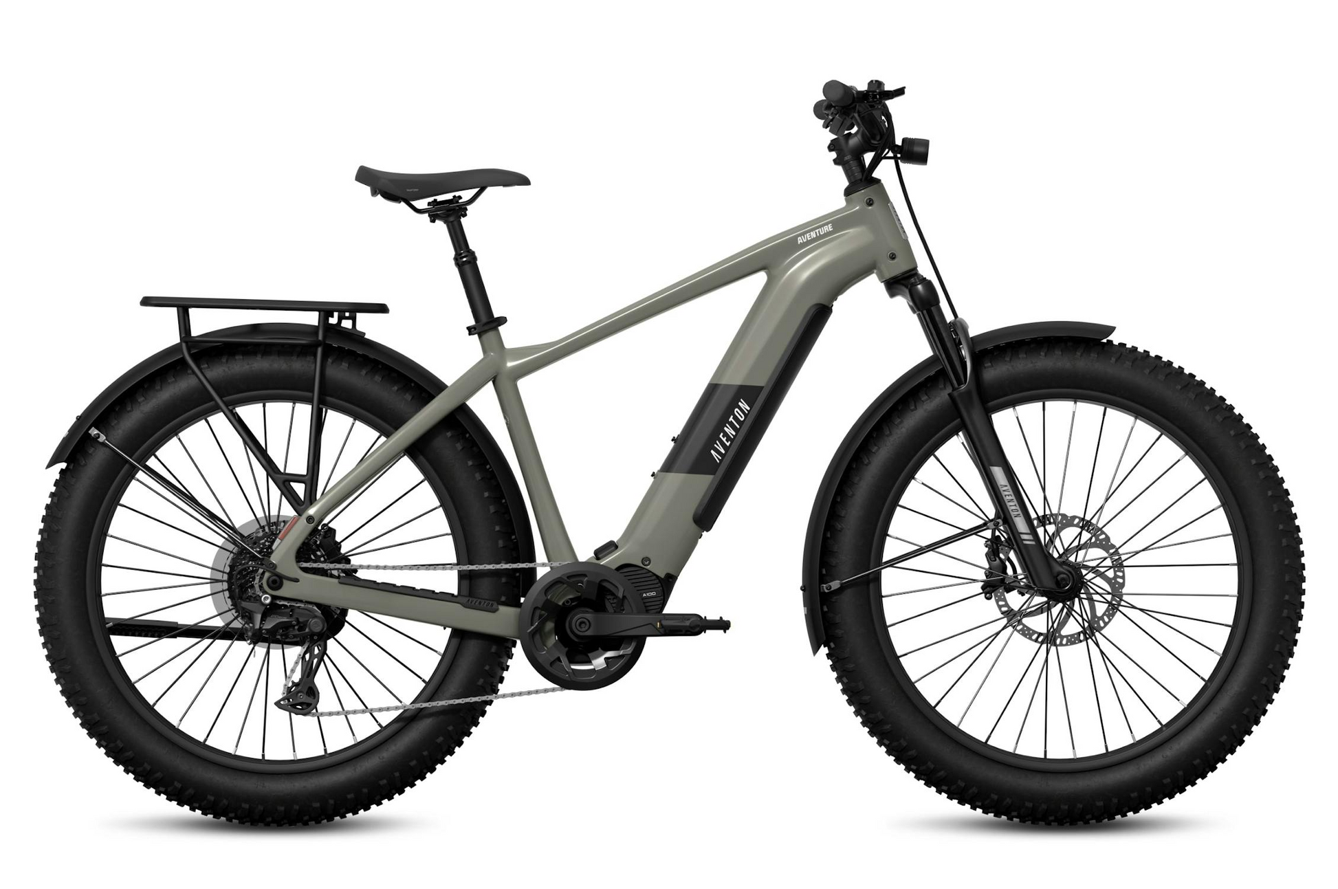 The Tampa Bay eBikes Aventon - Aventure M is a matte gray, mid-drive fat tire eBike with front suspension, rear cargo rack, and disc brakes for high-torque performance, shown side view against a white background.
