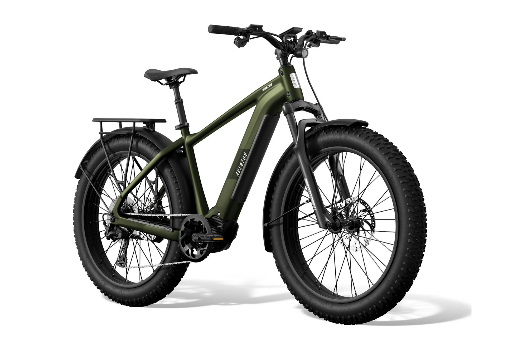 The Aventon - Aventure M by Tampa Bay eBikes is a matte green mid-drive fat tire eBike with 100Nm torque, rear rack, wide tires, front suspension fork, and straight handlebars, displayed on a white background.