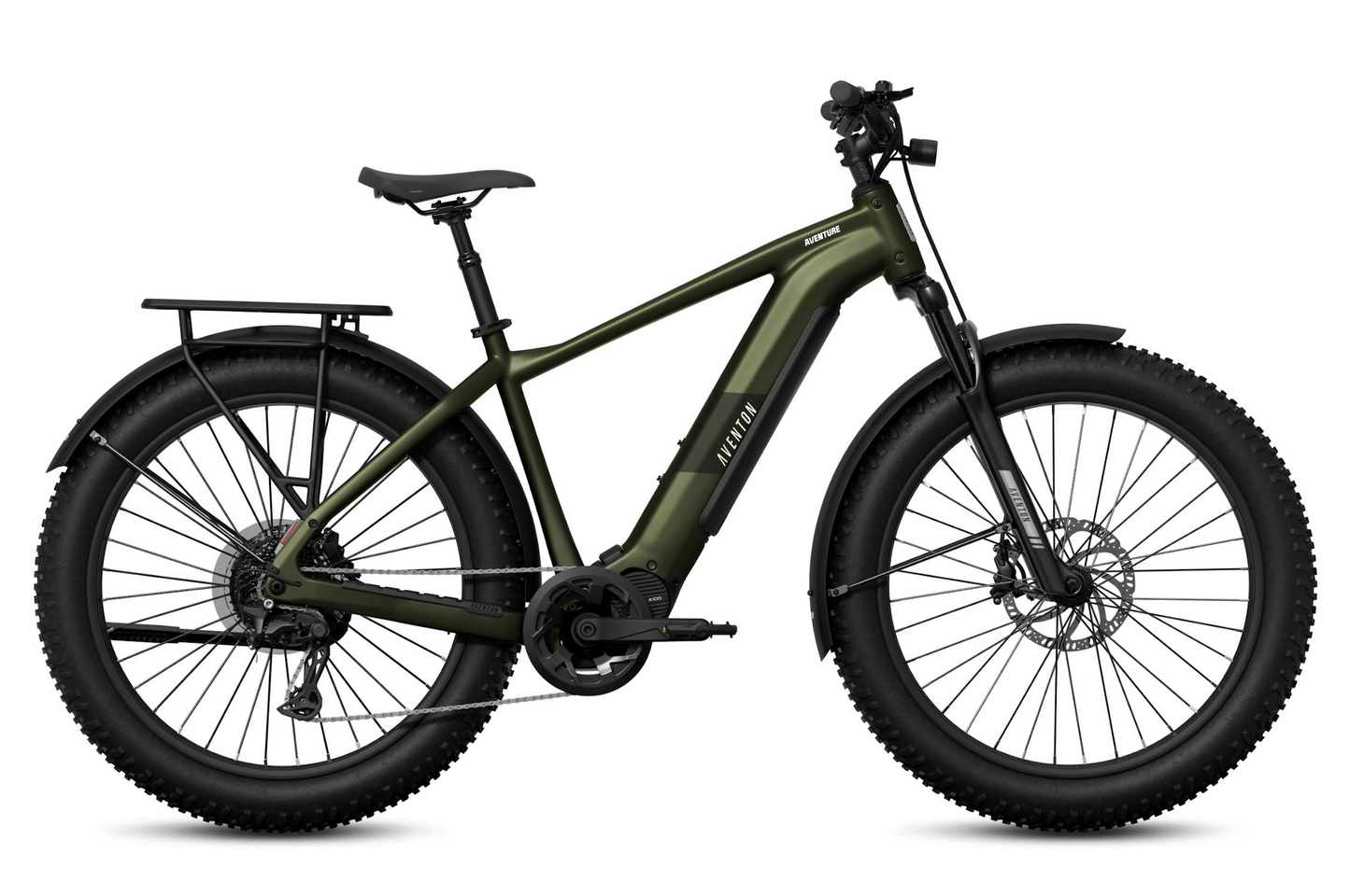 A matte green Aventon - Aventure M mid-drive fat tire eBike by Tampa Bay eBikes, featuring 100Nm torque, a rear cargo rack, disc brakes, and a downtube-integrated battery, shown side view on a white background.