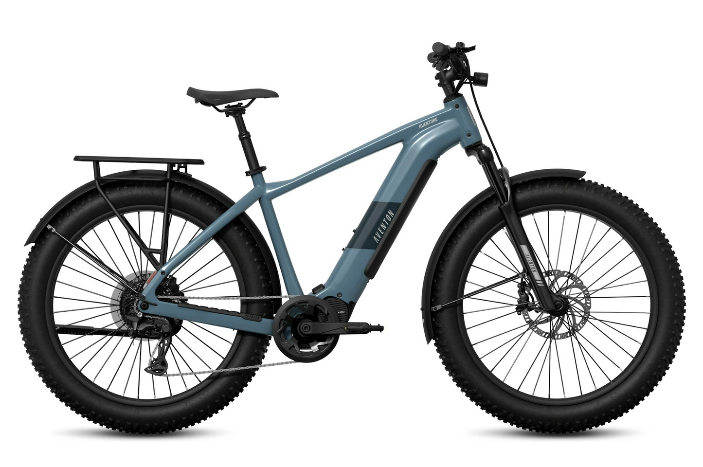 The Aventon - Aventure M by Tampa Bay eBikes is a matte blue mid-drive fat tire eBike with front suspension, rear cargo rack, and disc brakes—shown side view on white—highlighting its high-torque performance.
