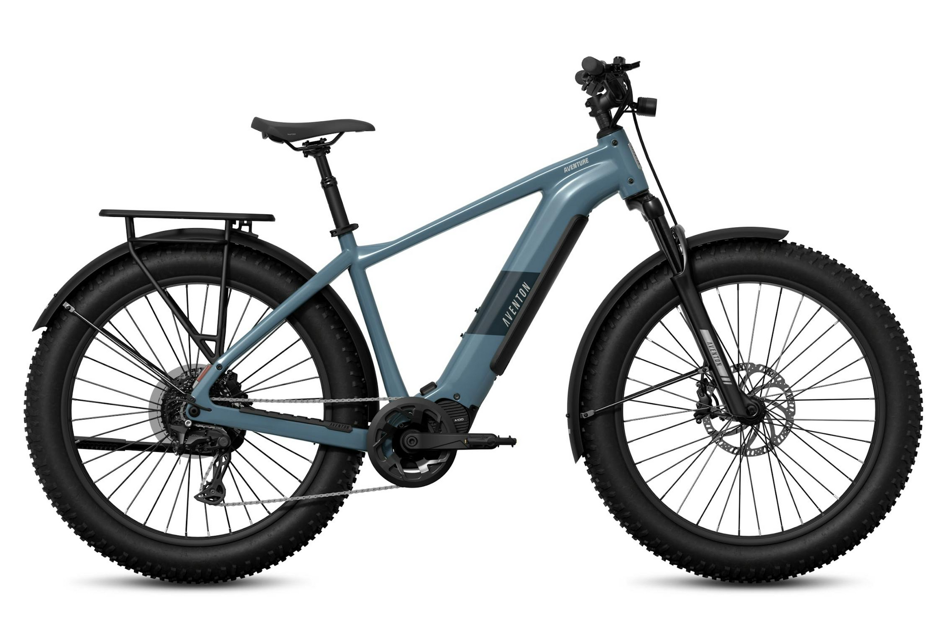 The Aventon - Aventure M by Tampa Bay eBikes is a matte blue mid-drive fat tire eBike with front suspension, rear cargo rack, and disc brakes—shown side view on white—highlighting its high-torque performance.