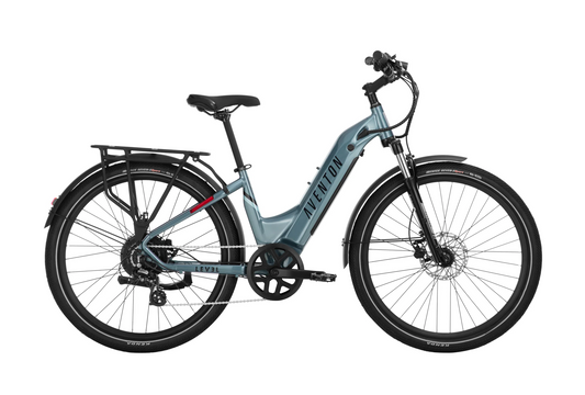Aventon - LEVEL.2 Step Through - Glacier - R electric bicycle with a rear rack and front suspension fork, displayed against a white background.