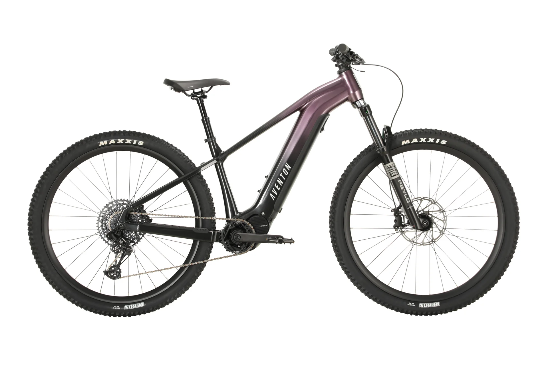 A black and burgundy Aventon Ramblas eMTB with large tires and a front suspension, isolated on a white background.