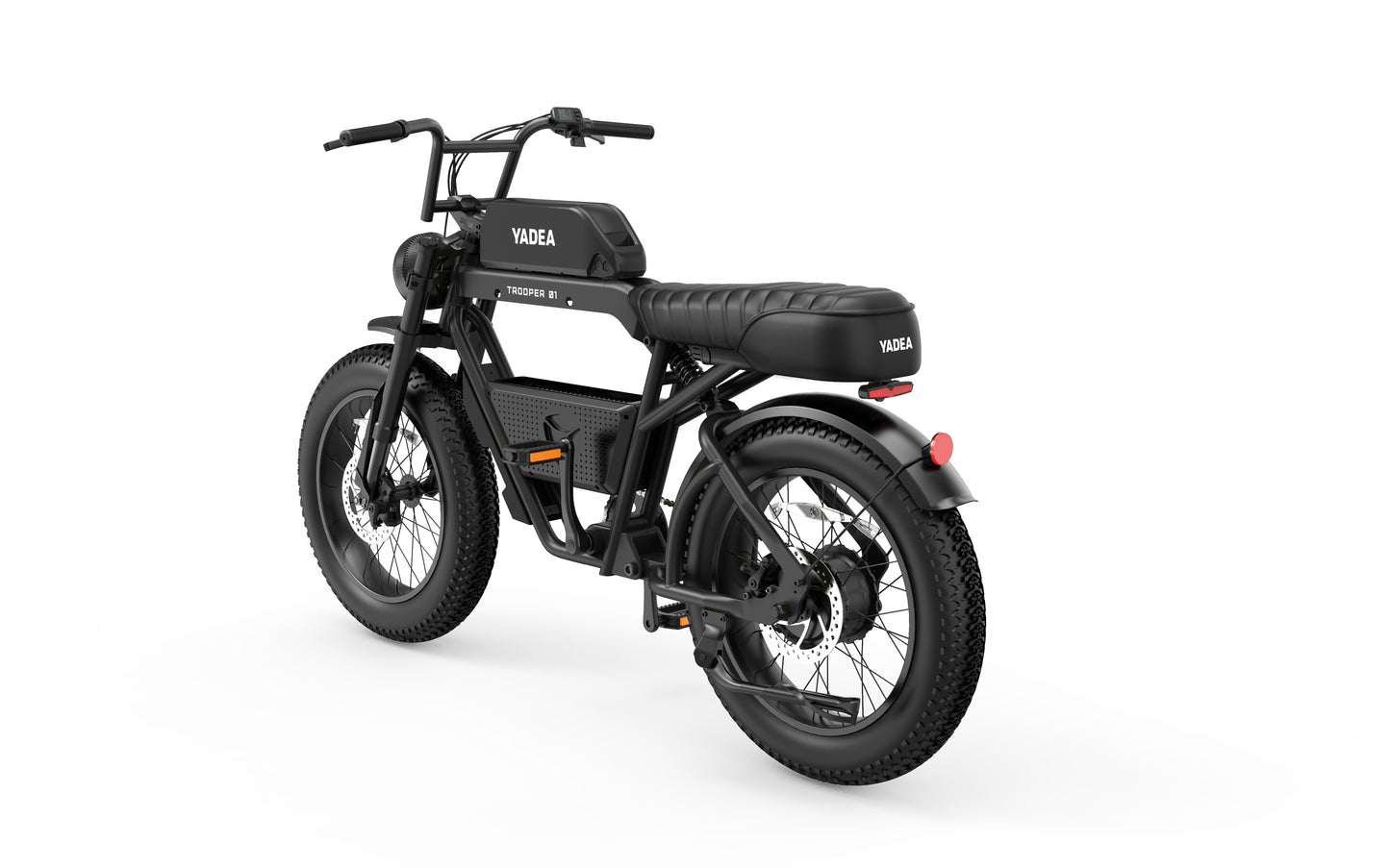 The Yadea - Trooper 01, a black electric bike with fat tires, showcasing its high-power motor on a white background.