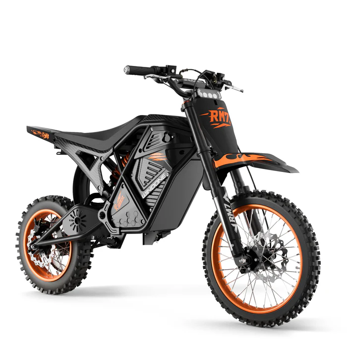 The Windone RM7 by Tampa Bay eBikes is a black and orange off-road electric bike featuring knobby tires, an angular frame, and front and rear disc brakes, shown from a front-side angle.