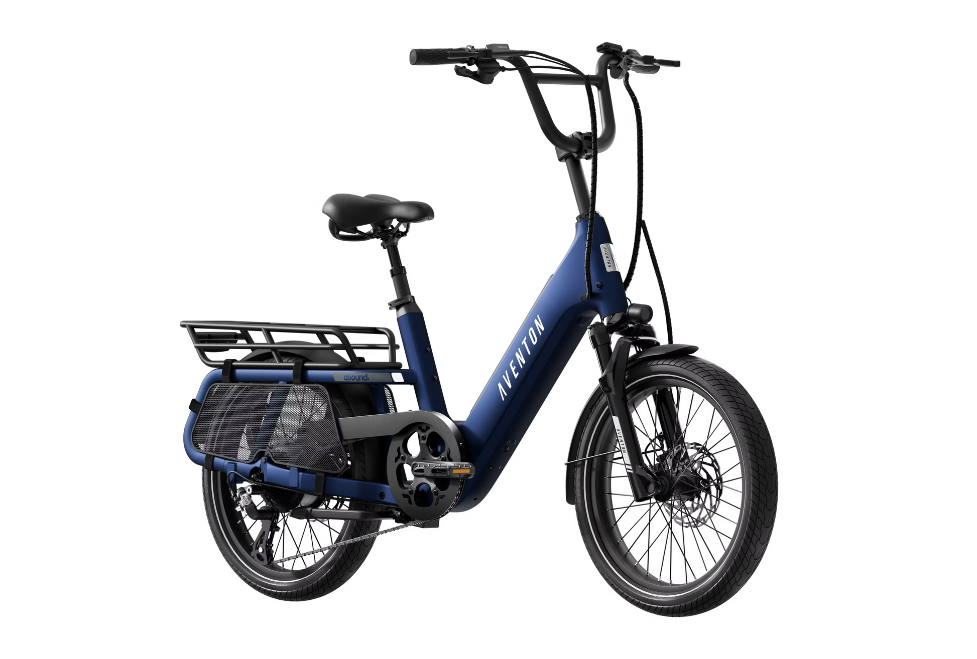 The Aventon Abound SR is a blue electric cargo ebike with two wheels, featuring a black rear rack and a step-through frame, along with GPS tracking for enhanced navigation.