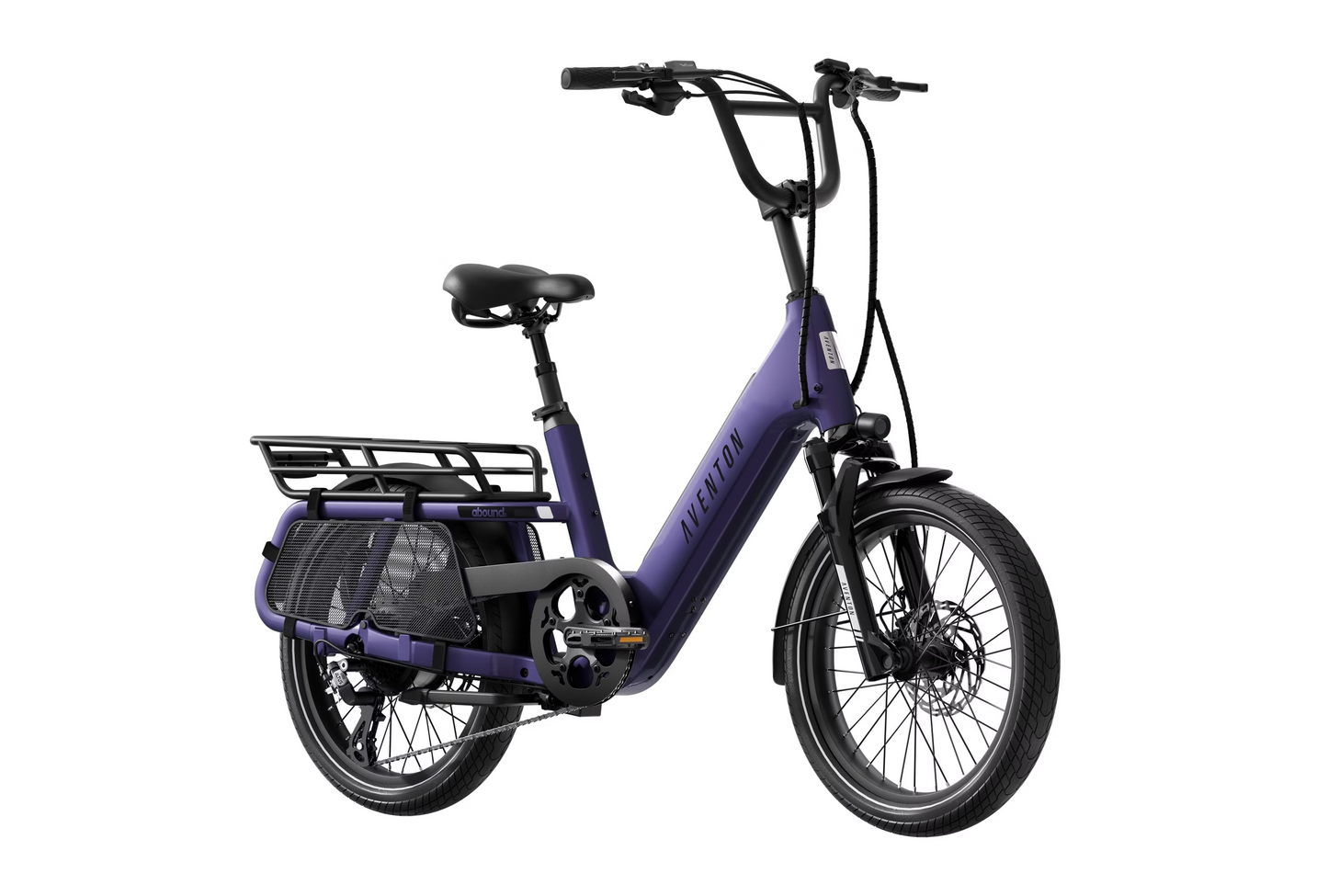 The Aventon - Abound SR, a purple electric cargo bike by Aventon, includes a rear rack and step-through frame, along with advanced security features like GPS tracking for enhanced peace of mind.