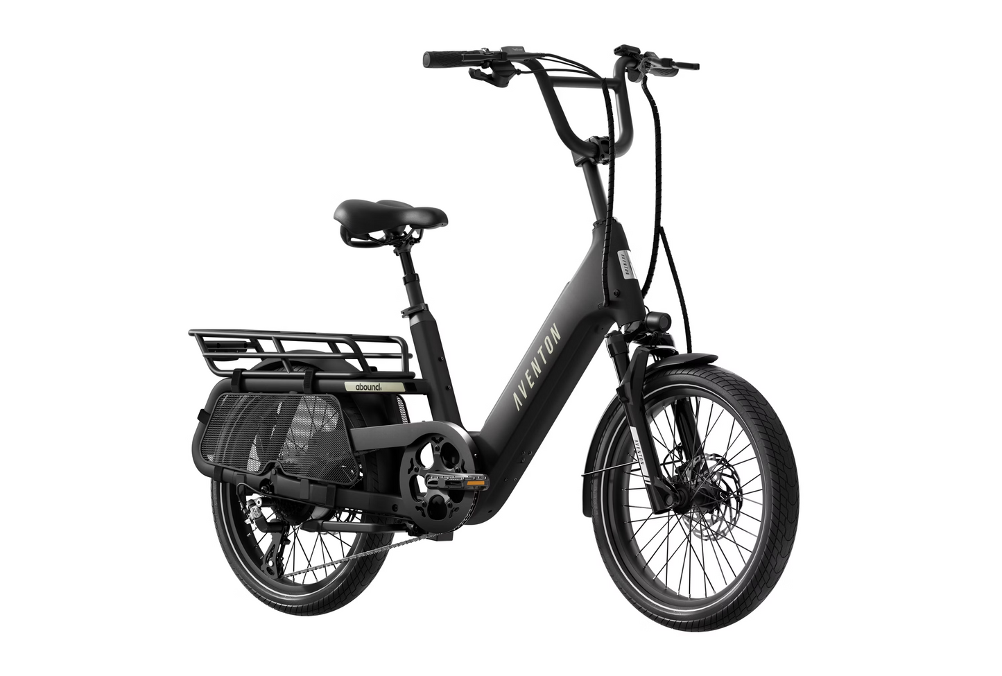 The Aventon - Abound SR is a black cargo ebike featuring a sturdy frame, GPS tracking, rear cargo rack, and disc brakes, designed for urban commuting.